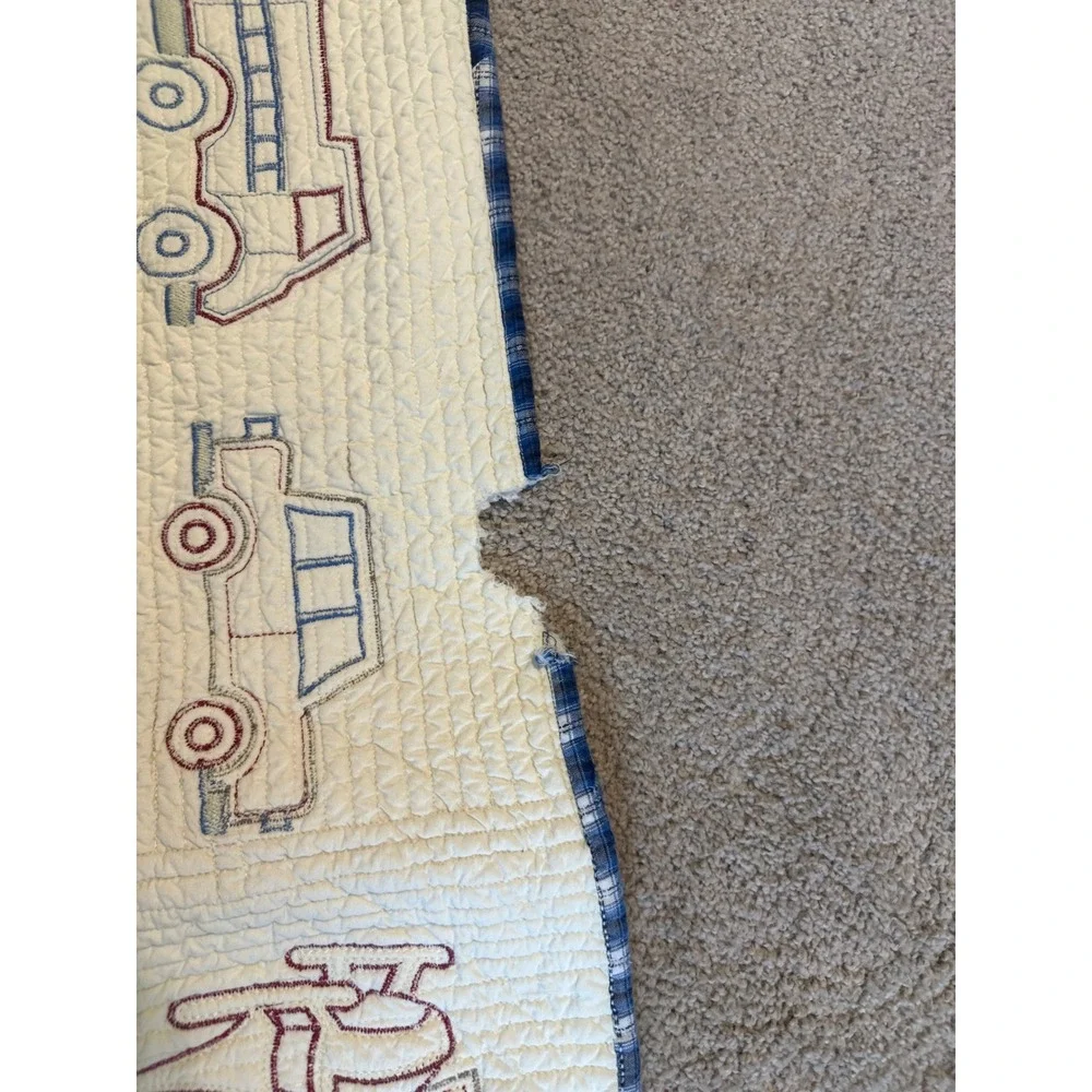 Bacati Collections Transportation Baby Quilt Blue Red Plaid Trains Cars Cream
